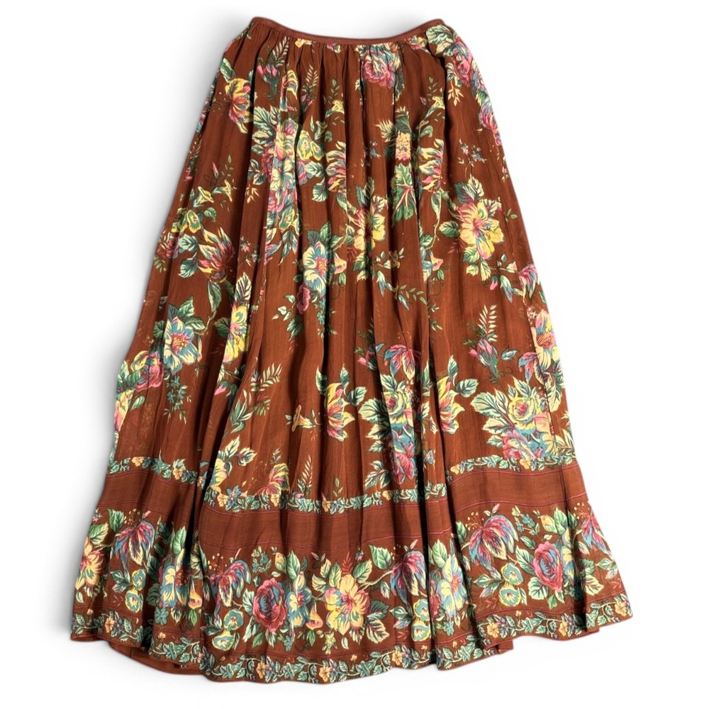 April Cornell Maxi Skirt S Scarborough Georgette Brown Floral Border Cottagecore - Picture 7 of 9